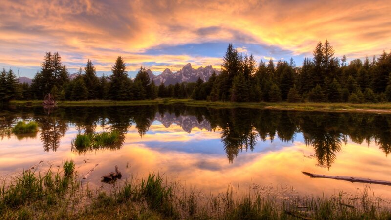 Mountain Range in Lake — Orange, Serene, Sunset