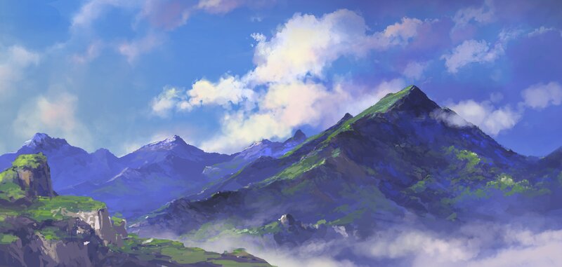 Mountain Range Landscape — Blue, Serene, Afternoon, Digital Art, Clouds, Sky
