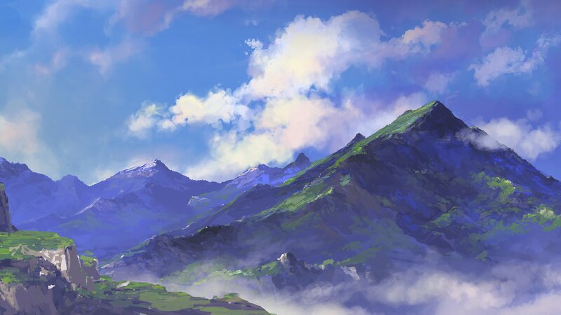 Mountain Range Landscape — Blue, Serene, Afternoon, Digital Art, Clouds