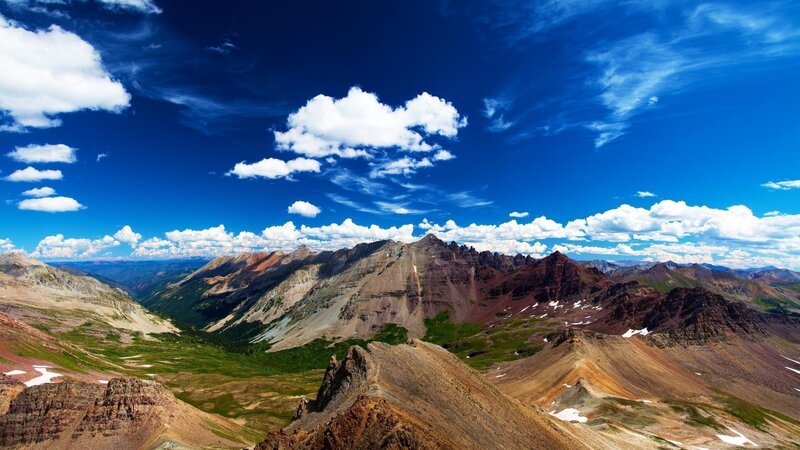 Mountain Range Landscape — Blue, Serene, Afternoon, Photograph, Clouds, Valley, Snow Patches