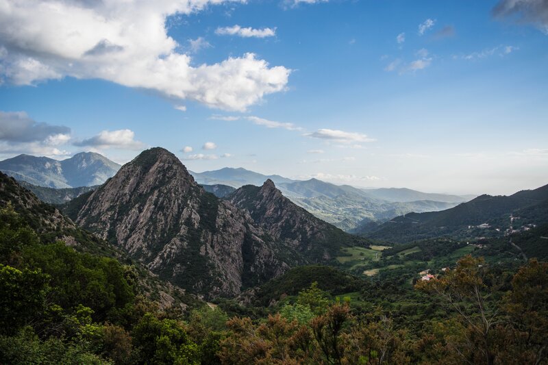 Mountain Range Landscape — Blue, Serene, Afternoon, Photograph, Clouds, Valley, Trees