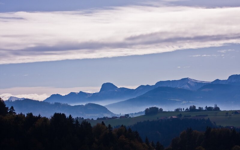 Mountain Range Landscape — Blue, Serene, Morning, Photograph, Clouds, Trees