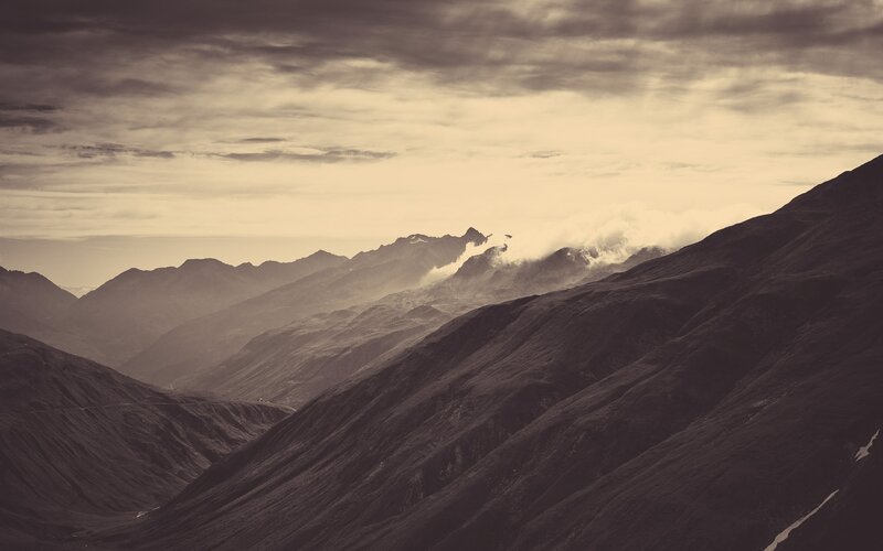 Mountain Range Landscape — Brown, Dramatic, Photograph, Clouds, Valley, Hills
