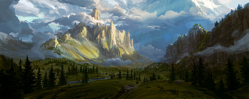 Mountain Range Landscape — Green, Dramatic, Afternoon, Digital Art