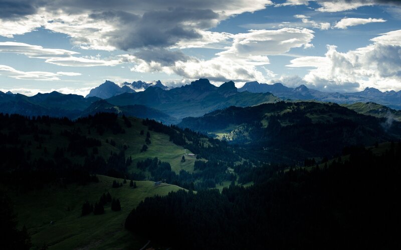 Mountain Range Landscape — Green, Dramatic, Afternoon, Photograph, Clouds, Forests, Valley