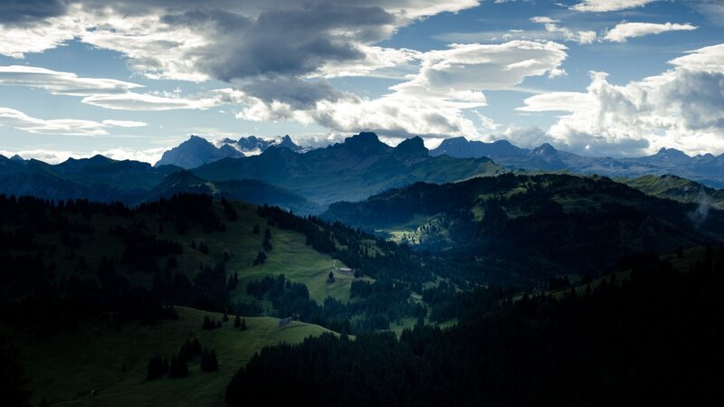Mountain Range Landscape — Green, Dramatic, Afternoon, Photograph, Clouds, Forests, Valleys
