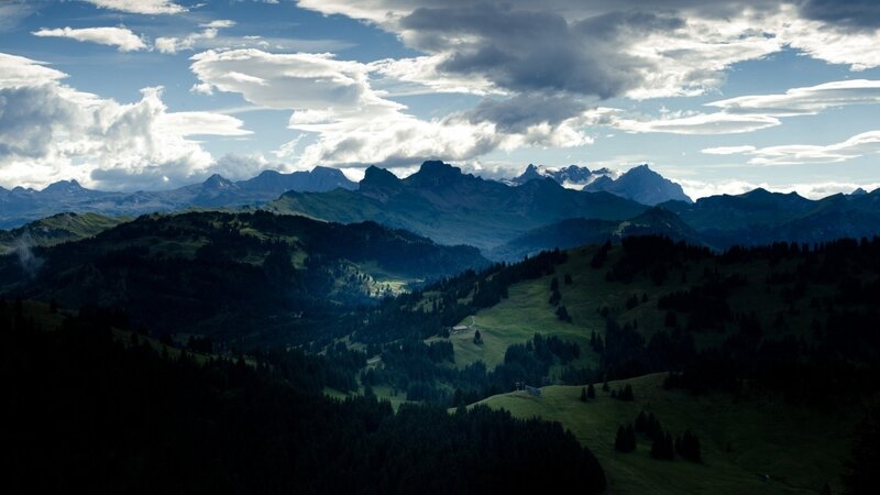 Mountain Range Landscape — Green, Dramatic, Afternoon, Photograph, Clouds, Hills, Trees