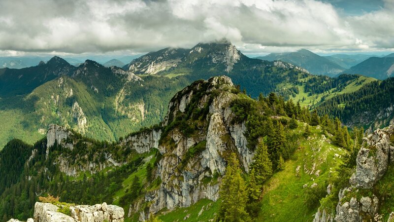 Mountain Range Landscape — Green, Dramatic, Afternoon, Photograph, Clouds, Trees, Rocks
