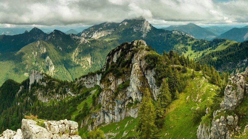 Mountain Range Landscape — Green, Dramatic, Afternoon, Photograph, Clouds, Trees