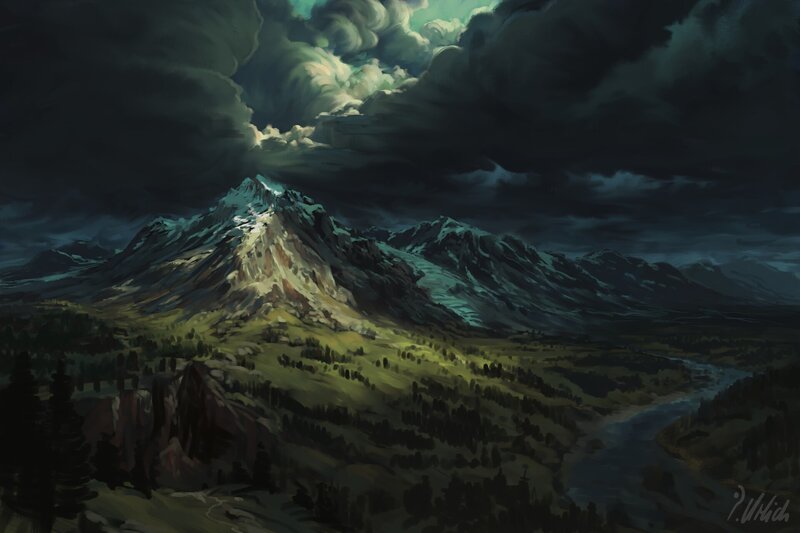 Mountain Range Landscape — Green, Dramatic, Night