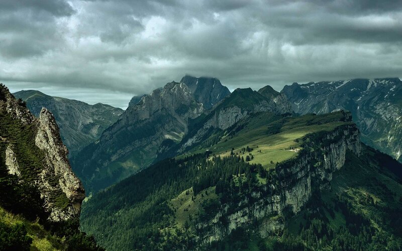 Mountain Range Landscape — Green, Dramatic, Photograph, Clouds, Forests