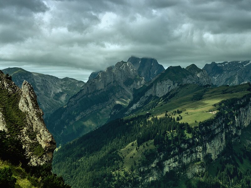 Mountain Range Landscape — Green, Dramatic, Photograph, Clouds, Forests, Valley