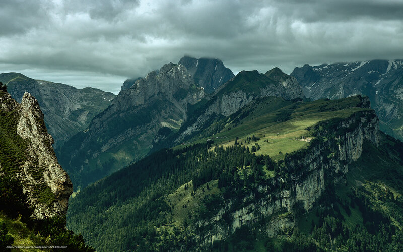 Mountain Range Landscape — Green, Dramatic, Photograph, Clouds, Trees