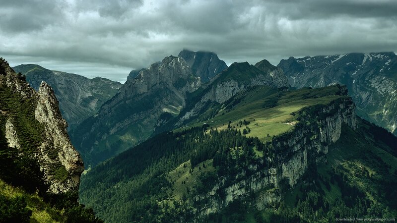 Mountain Range Landscape — Green, Dramatic, Photograph, Clouds, Trees, Valley