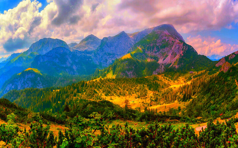 Mountain Range Landscape — Green, Dramatic, Sunset
