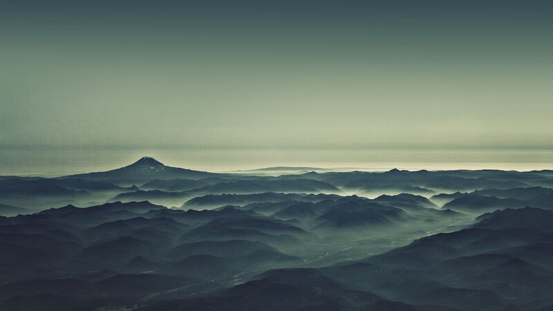 Mountain Range Landscape — Green, Serene, Morning, Photograph, Fog, Sky, Gray, Black