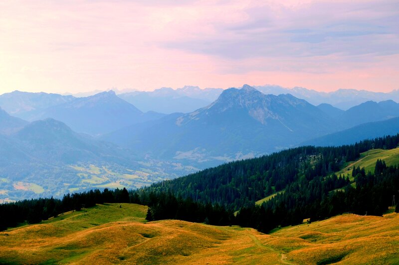 Mountain Range Landscape — Green, Serene, Sunset