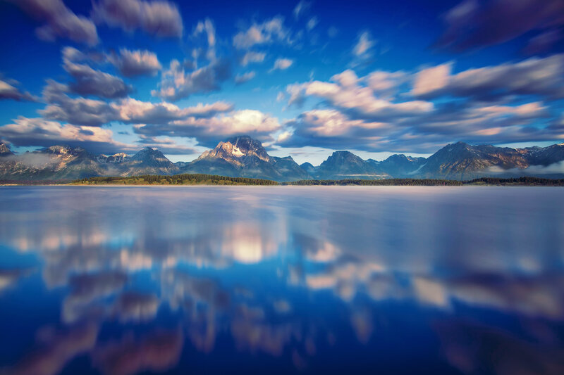 Mountain Range Reflected in Lake — Blue, Serene, Morning, Photograph