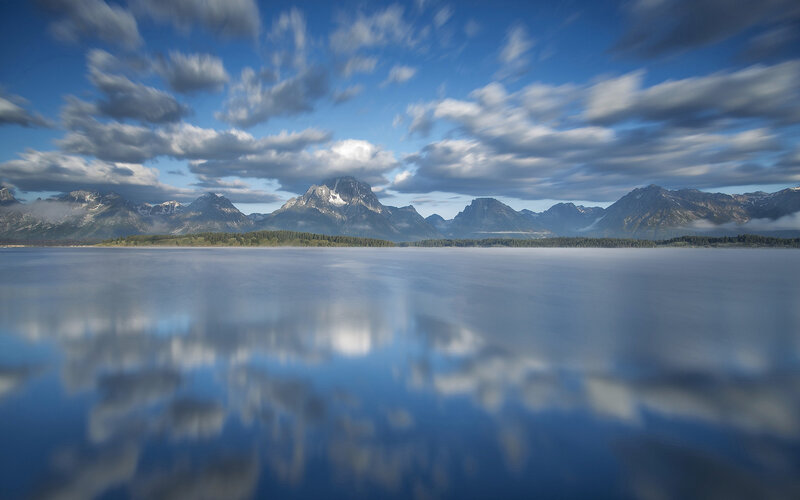 Mountain Range Reflected in Lake — Blue, Serene, Morning