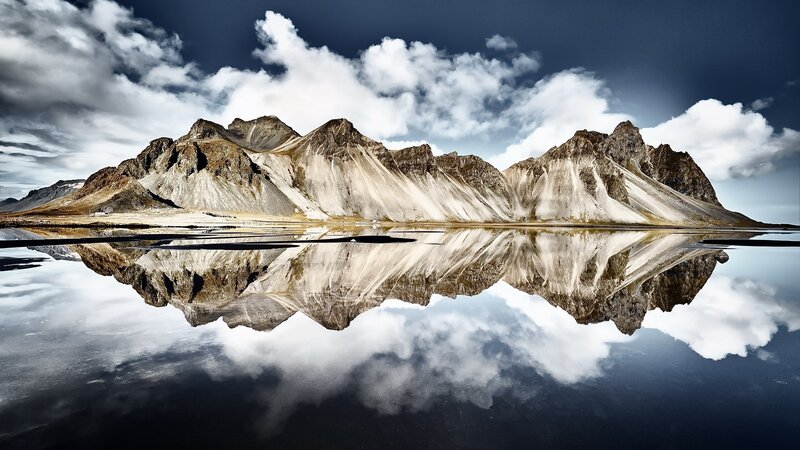 Mountain Range Reflection — Blue, Dramatic, Photograph