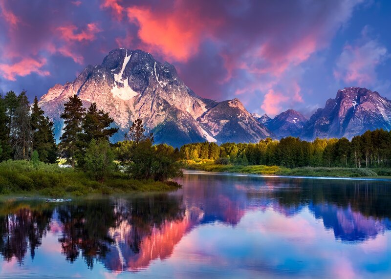 Mountain Range Reflection — Blue, Dramatic, Sunset, Photograph, Lake, Trees