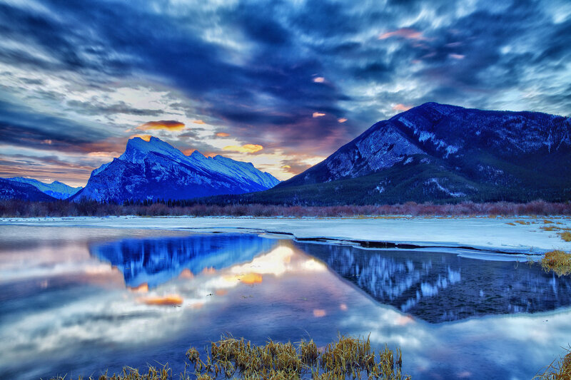 Mountain Range Reflection — Blue, Dramatic, Sunset, Photograph, Mountains