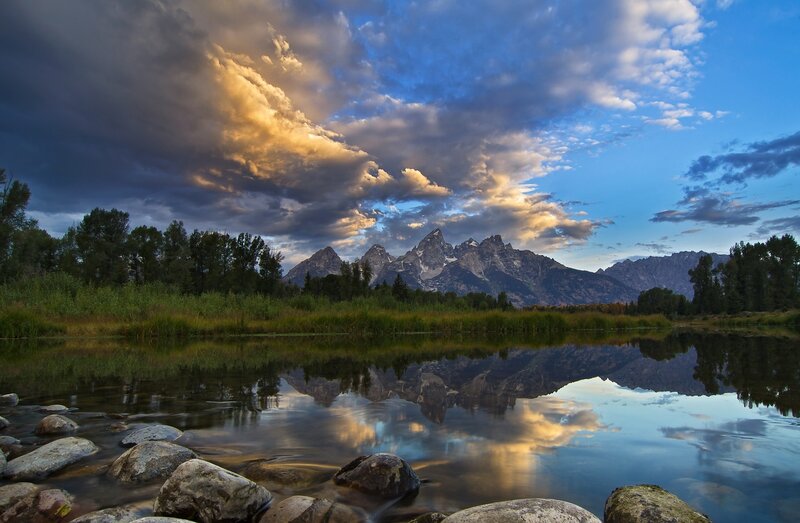 Mountain Range Reflection — Blue, Dramatic, Sunset, Photograph, River