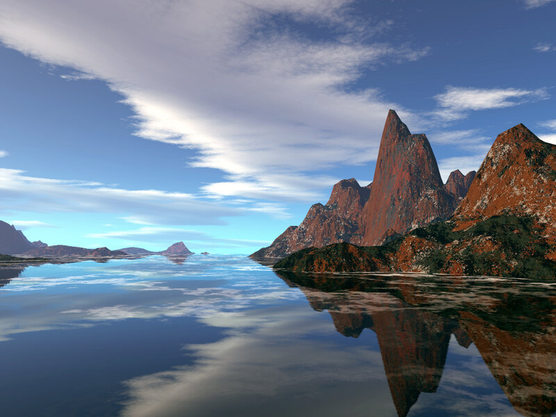 Mountain Range Reflection — Blue, Serene, Afternoon, 3d Render