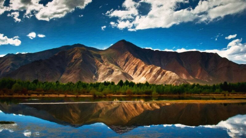 Mountain Range Reflection — Blue, Serene, Afternoon, Painting