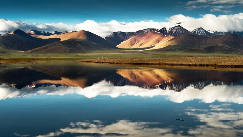 Mountain Range Reflection — Blue, Serene, Afternoon, Photograph, Clouds, Bird