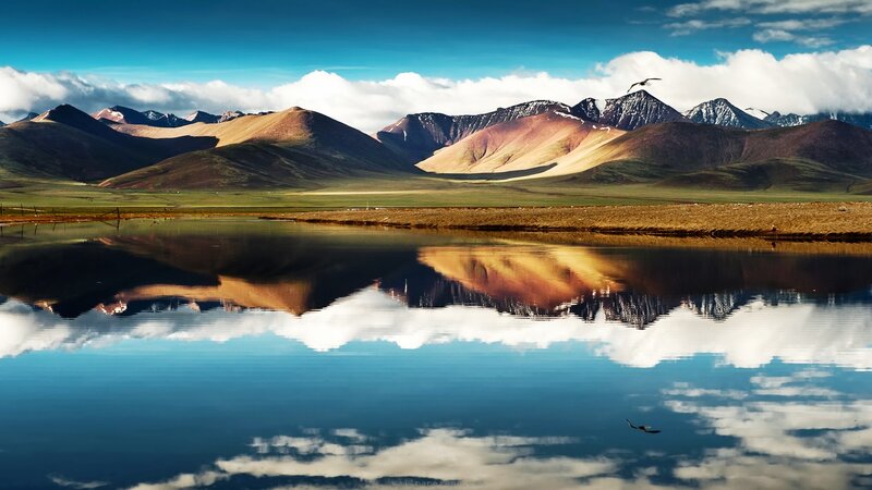 Mountain Range Reflection — Blue, Serene, Afternoon, Photograph, Clouds, Birds