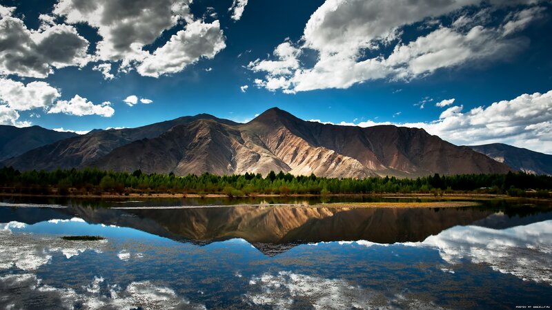 Mountain Range Reflection — Blue, Serene, Afternoon, Photograph, Clouds, Trees, Lake