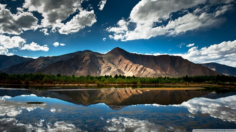 Mountain Range Reflection — Blue, Serene, Afternoon, Photograph, Clouds, Trees