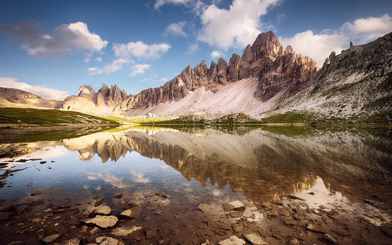 Mountain Range Reflection — Blue, Serene, Afternoon, Photograph, Lake, Clouds, Rocks