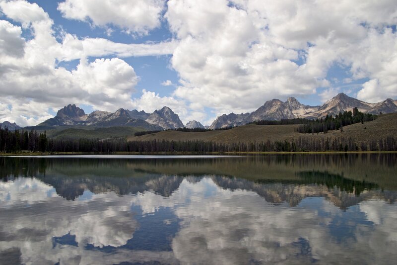 Mountain Range Reflection — Blue, Serene, Afternoon, Photograph, Lake, Clouds