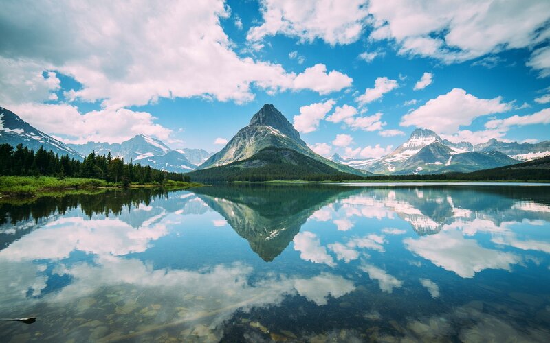 Mountain Range Reflection — Blue, Serene, Afternoon, Photograph, Lake, Clouds, Trees, Snow