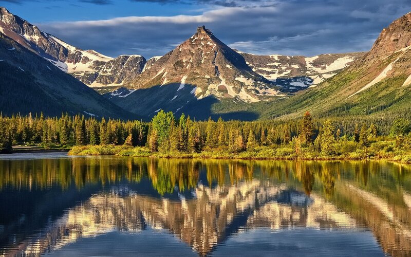 Mountain Range Reflection — Blue, Serene, Afternoon, Photograph, Lake, Forest, Snow