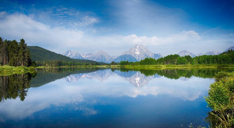 Mountain Range Reflection — Blue, Serene, Afternoon, Photograph, Lake, Trees, Clouds