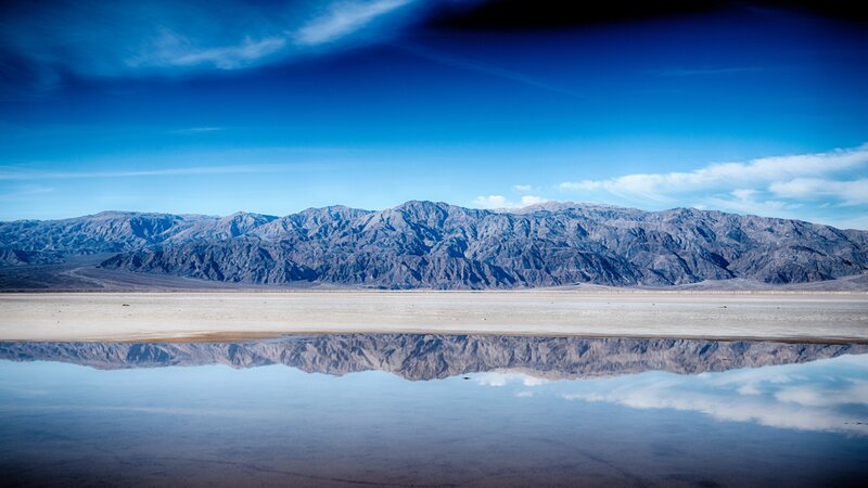 Mountain Range Reflection — Blue, Serene, Afternoon, Photograph, Mountains, Desert