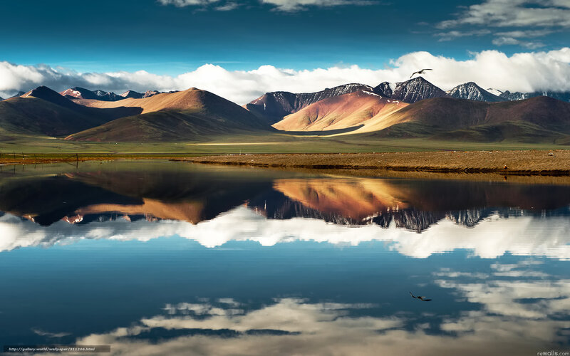 Mountain Range Reflection — Blue, Serene, Afternoon, Photograph, Mountains, Lake, Clouds, Bird