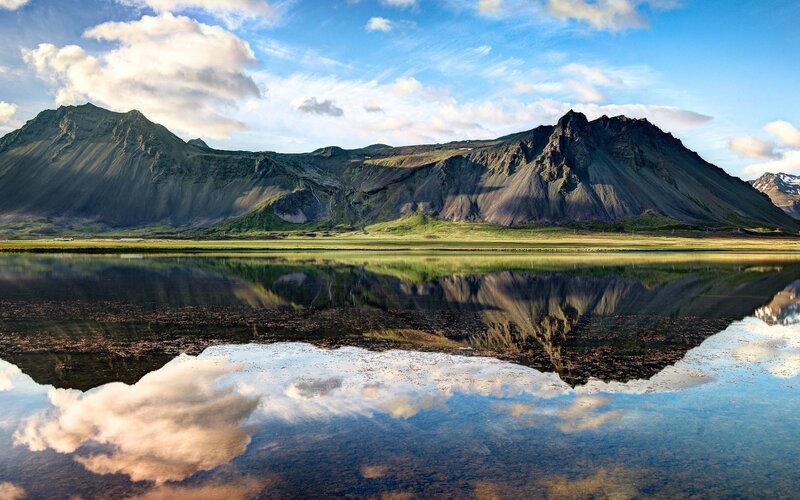 Mountain Range Reflection — Blue, Serene, Afternoon, Photograph, Mountains, Lake, Clouds