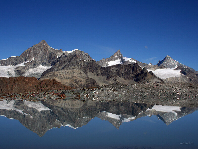Mountain Range Reflection — Blue, Serene, Afternoon, Photograph, Mountains, Lake, Sky, Gray
