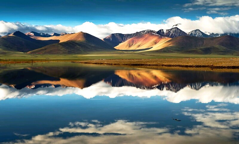 Mountain Range Reflection — Blue, Serene, Afternoon, Photograph, Mountains, Lake