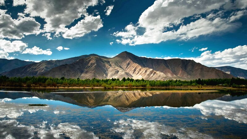 Mountain Range Reflection — Blue, Serene, Afternoon, Photograph, Mountains, Trees