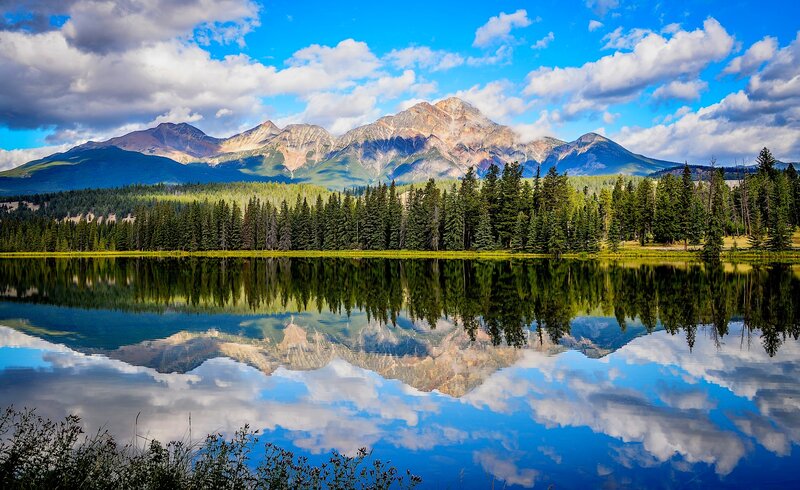 Mountain Range Reflection — Blue, Serene, Afternoon, Photograph, Trees, Clouds