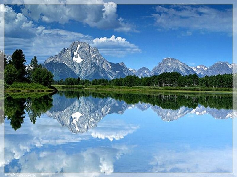 Mountain Range Reflection — Blue, Serene, Afternoon, Photograph, Trees, Lake, Clouds, Green