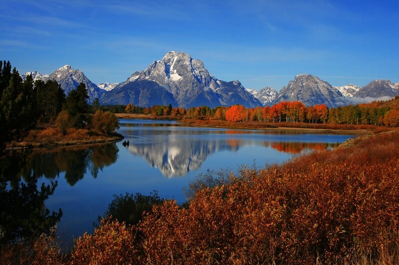 Mountain Range Reflection — Blue, Serene, Autumn, Photograph, Lake, Trees, Mountains, Orange
