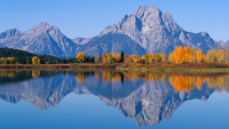 Mountain Range Reflection — Blue, Serene, Autumn, Photograph, Lake, Trees, Mountains