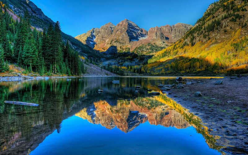 Mountain Range Reflection — Blue, Serene, Autumn, Photograph, Lake, Trees, Rocks
