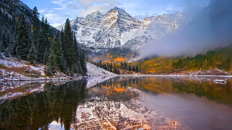 Mountain Range Reflection — Blue, Serene, Autumn, Photograph, Lake, Trees